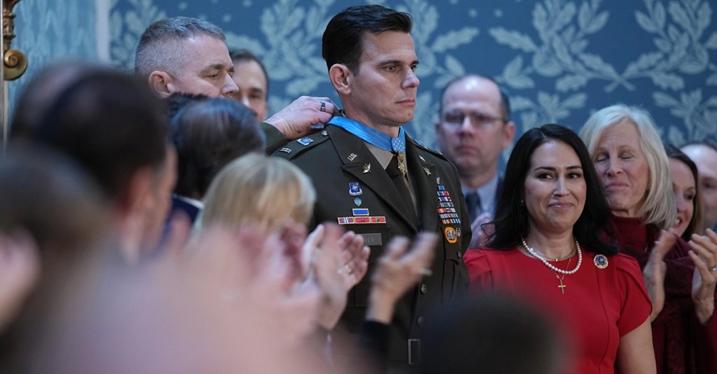Chief Warrant Officer Eric Slover receives the Congressional Medal of Honor during U.S. President Donald Trump's State of the Union address during a Joint Session of Congress at the U.S. Capitol on February 24, 2026, in Washington, DC.