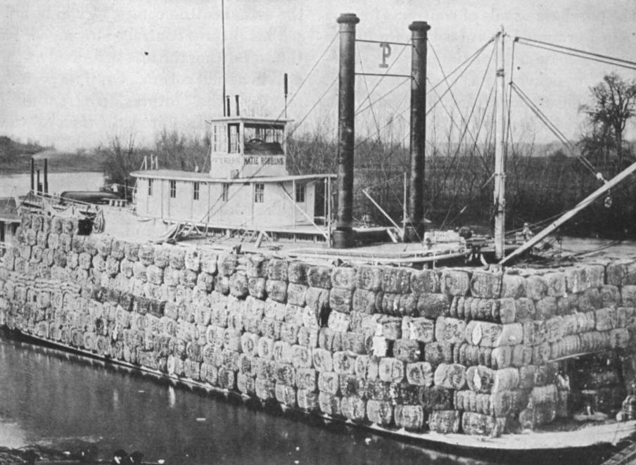 Cotton bales bound an headed for the Port of New Orleans aboard a riverboat during the civil war. (National Archives)