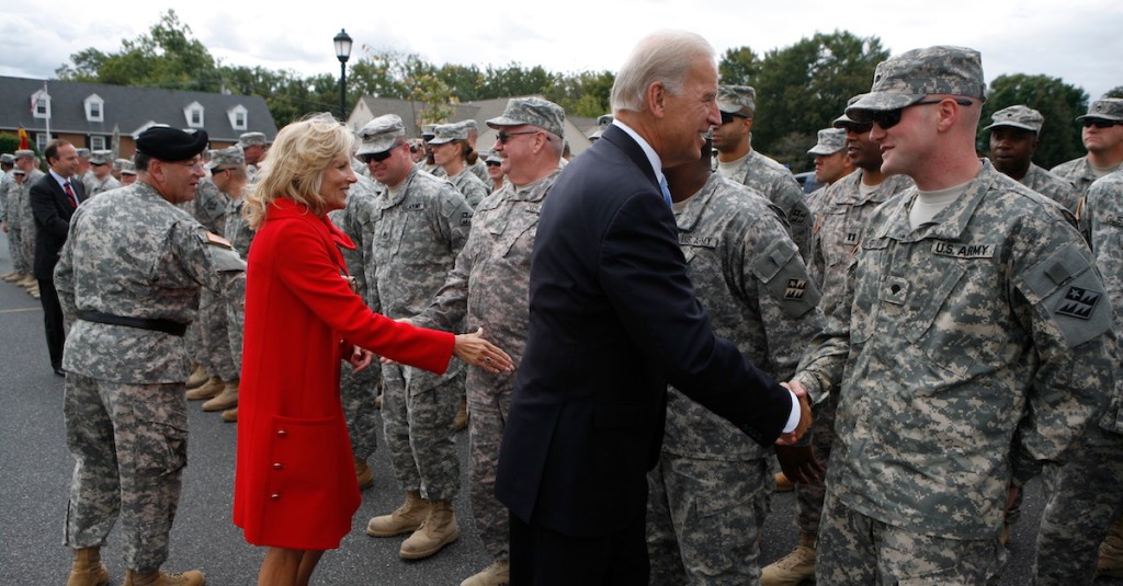 President Biden and wife, Dr. Jill Biden, greet soldiers