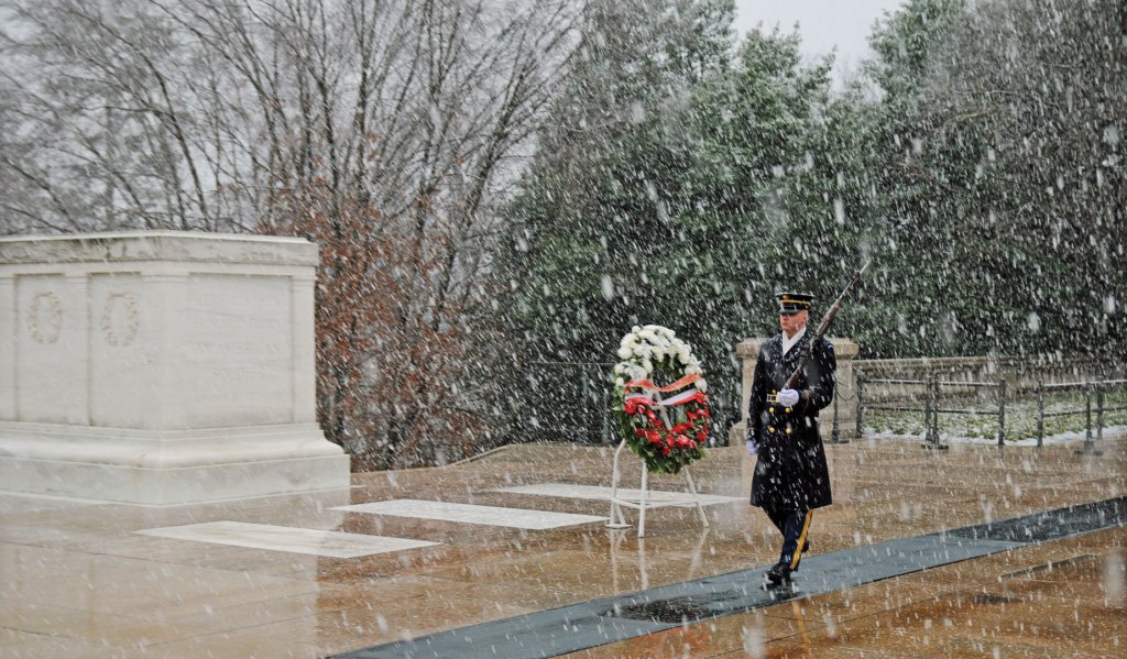 A sentinel guards the Tomb of the Unknown Soldier in a snowstorm