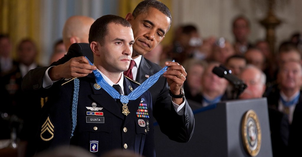 President Barack Obama presents the Medal of Honor to Staff Sergeant Salvatore Giunta in the East Room of the White House, November 16, 2010.