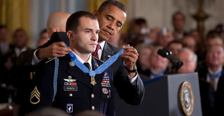 President Barack Obama presents the Medal of Honor to Staff Sergeant Salvatore Giunta in the East Room of the White House, November 16, 2010.