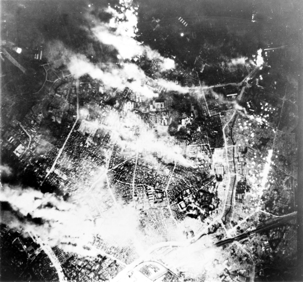 Aerial photo of the firebombing of Tokyo during world war II