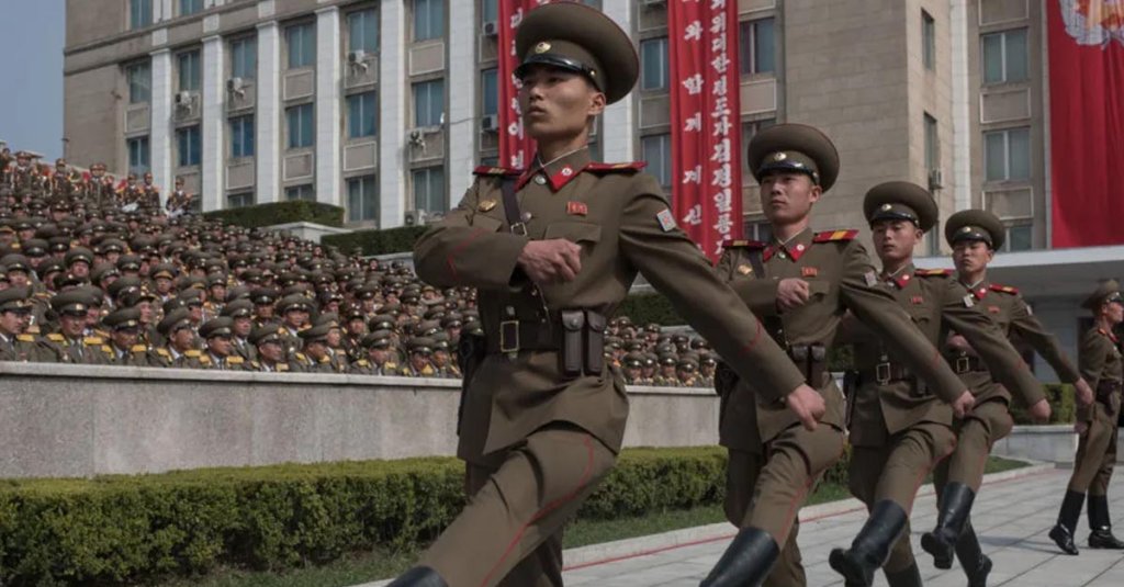 Korean People's Army soldiers march to their positions prior to a military parade marking the 105th anniversary of the birth of late North Korean leader Kim Il-Sung. (Ed Jones/AFP via Getty Images)