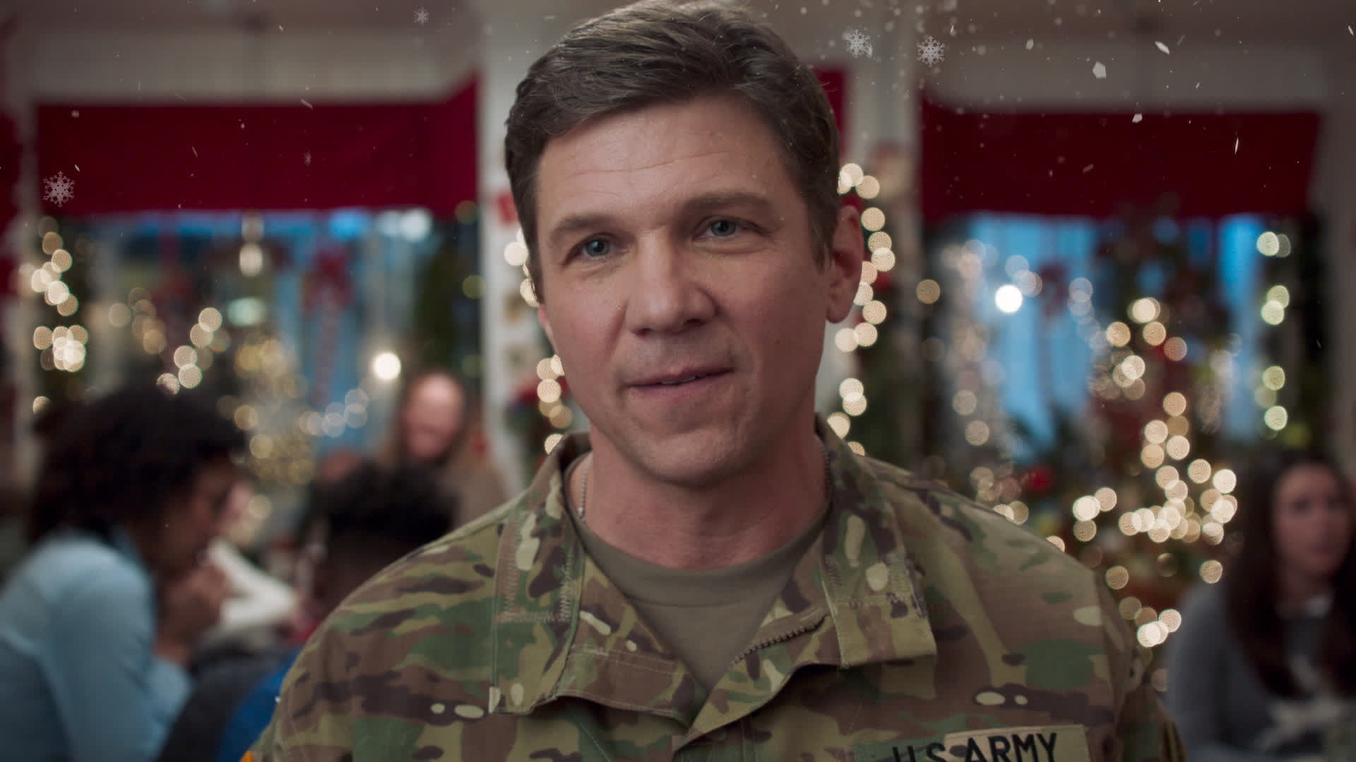 a US soldier in uniform as part of a Hallmark movie