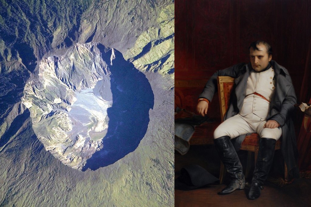 Graphic shows Mount Tambora and Napoleon in a single image. Image of Napoleon is a painting of him immediately after his 1814 abdication.