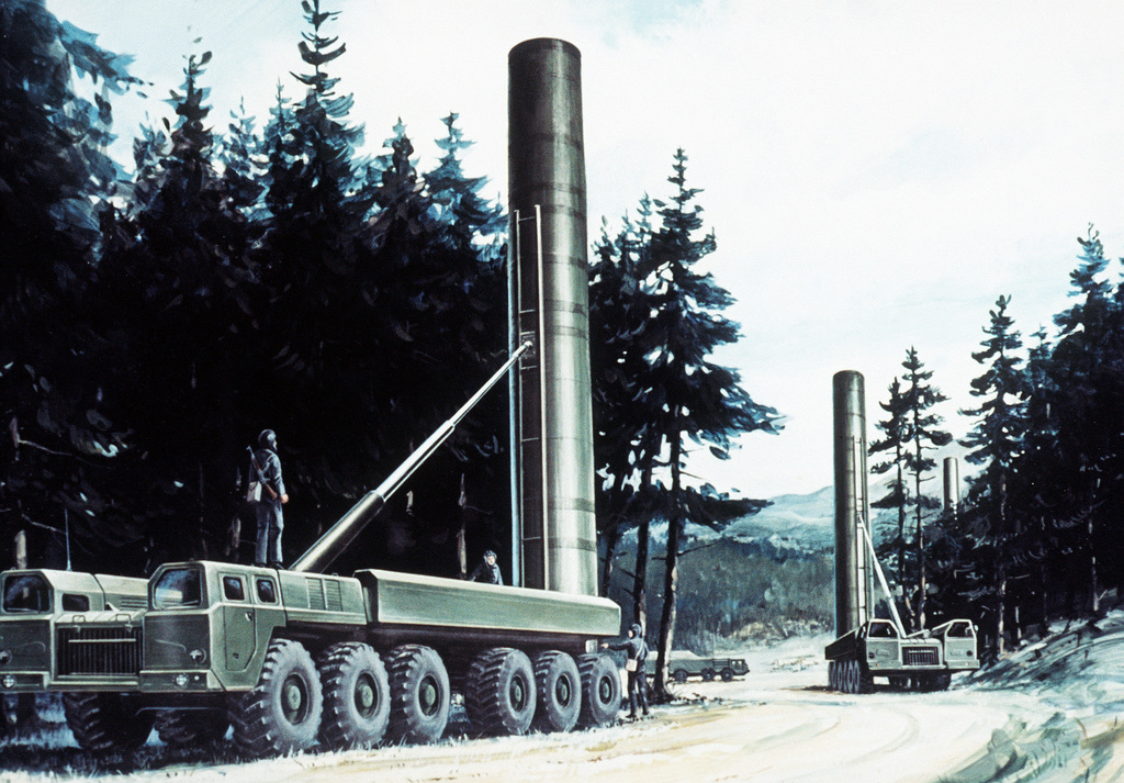 Artist's concept of Soviet SS-20 mobile longer range intermediate-range ballistic missile systems in launch position. (From Soviet Military Power 1985)