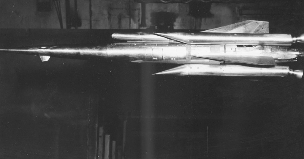 Test of the aerodynamic characteristics of a Supersonic Low Altitude Missile (SLAM jet) or Low Altitude Supersonic Vehicle (LASV) configuration that was to be powered by nuclear ramjet engines developed in Project Pluto.