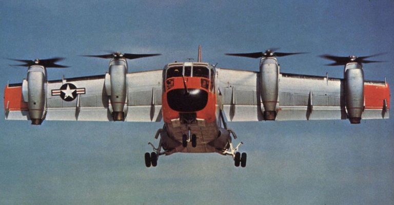 A prototype XC-142A making a vertical takeoff.