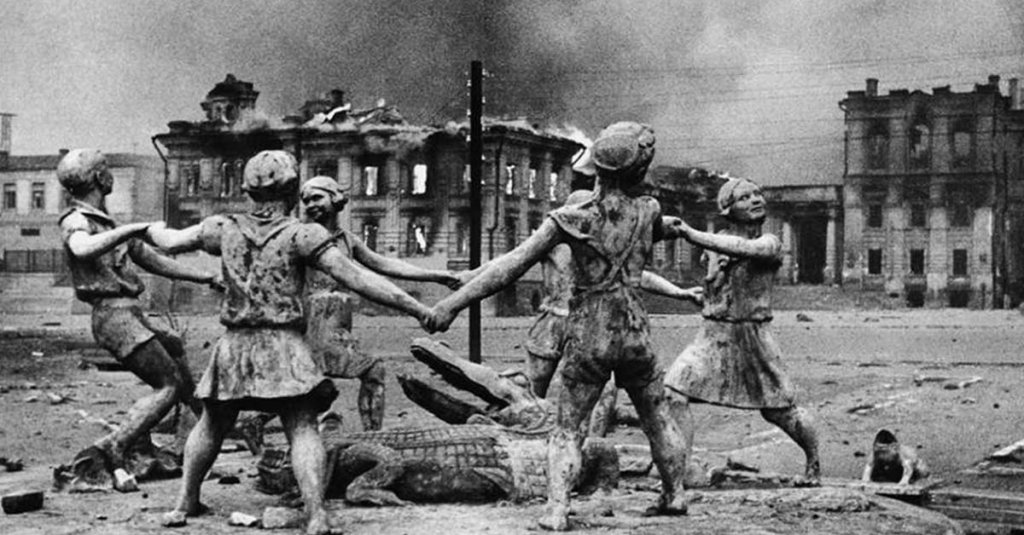 A fountain in the middle of the World War II Battle of Stalingrad, one of the bloodiest battles of the 20th century.