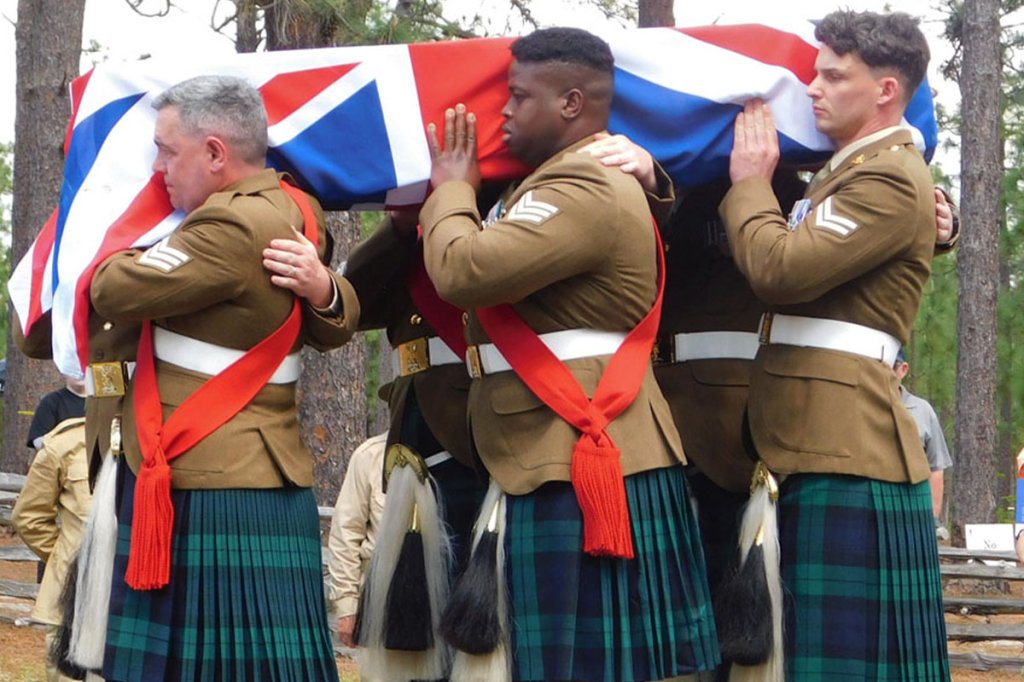 An honor guard from the Royal Regiment of Scotland acted as pallbearers for a soldier from the 71st Regiment of Foot who was killed at the Battle of Camden in 1780 and honored at a military funeral in Camden, South Carolina in April 2023. (Rev War Forensic Institute)