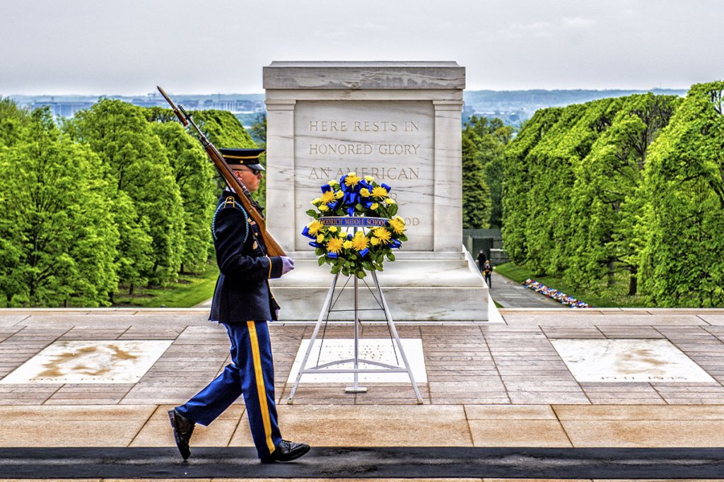 A Tomb Sentinel on duty at the Tomb of the Unknown Soldier at Arlington National Cemetery.