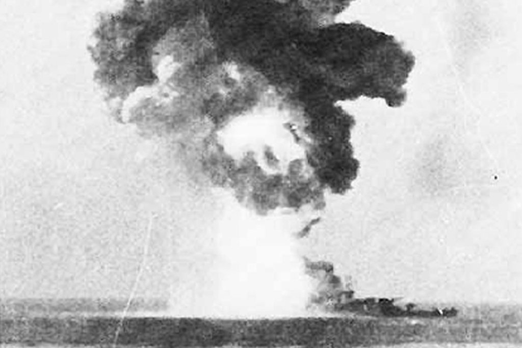 The Italian battleship Roma explodes after being hit by a German Fritz X radio-controlled bomb.