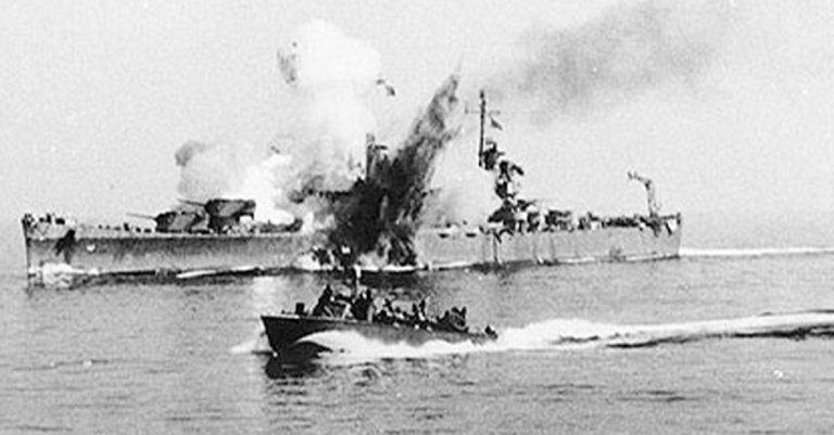 The USS Savannah struck by a precision guided Fritz X bomb during the 1943 Allied Invasion of Salerno.