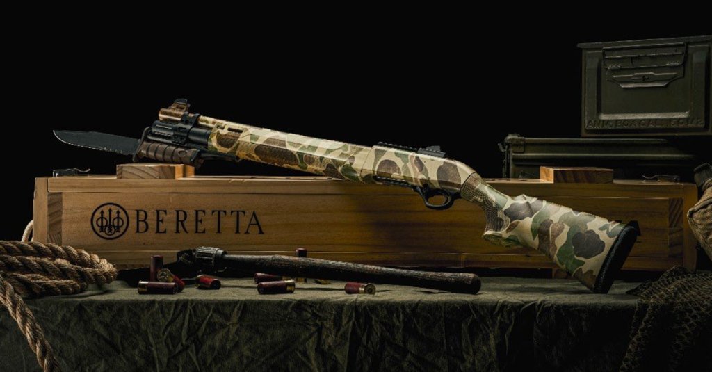 Beretta's new, bayonet-ready configuration of the A300 Ultima Patrol semi-auto 12-gauge, in frogskin camo.