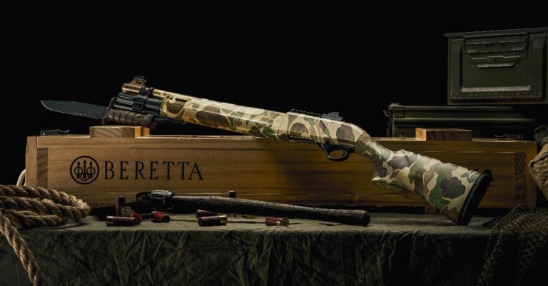 Beretta's new, bayonet-ready configuration of the A300 Ultima Patrol semi-auto 12-gauge, in frogskin camo.
