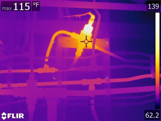 A thermal image of a KC-135 Stratotanker aircraft’s hydraulic spoiler bypass valve in the energized position at MacDill Air Force Base, Fla., Feb. 27, 2019. As part of the wing’s ‘Fuel Tank’ innovation program, thermal imaging cameras have been approved and implemented recently to quickly determine faulty parts based on inconsistent heat signatures on a KC-135 Stratotanker. Thermal imaging is a method of diagnosing that can be used by multiple career fields such as hydraulics, electrical and engineering and engine maintainers. (Courtesy photo)