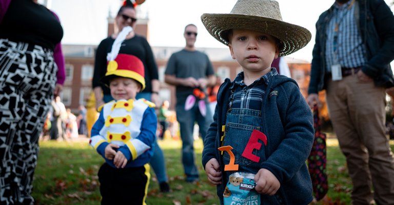 Children trick-or-treating at the Coast Guard Academy in 2024. The Academy Child Development Center annually hosts a trick or treating event for service members and their families.