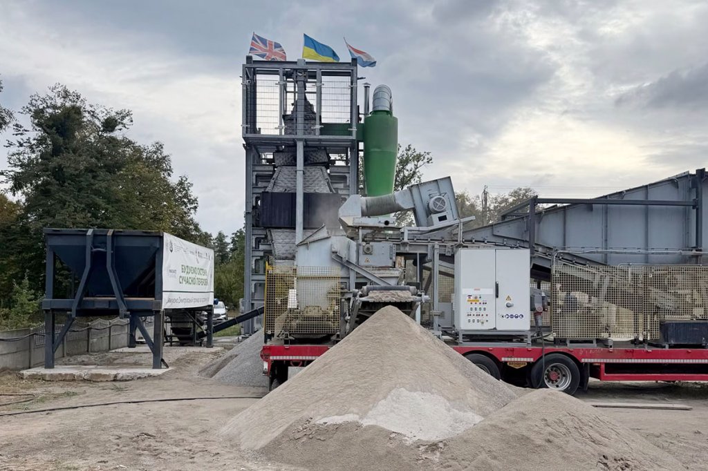 A processing plant in Ukraine turns war rubble into recycled concrete. Radio Free Europe/Radio Liberty