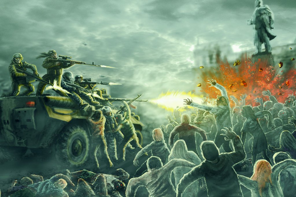 Zombie horde attack on an armored troop carrier with shooting soldiers. Gloomy city of the dead. Illustration in horror genre.