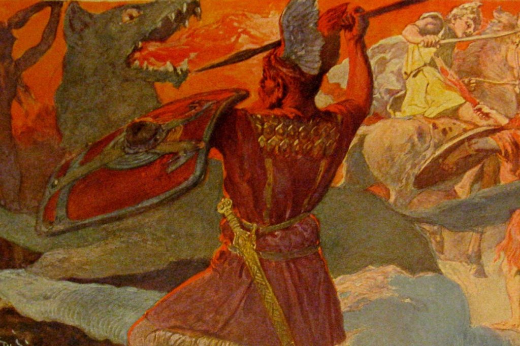 valhalla odin fighting fenrir illustration