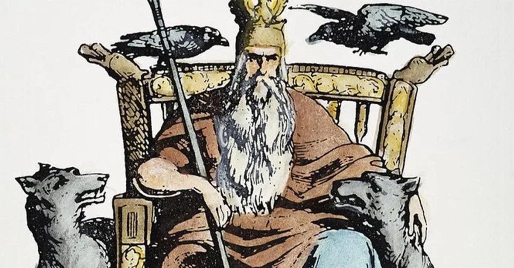 an illustration of Odin in valhalla with his ravens and wolves