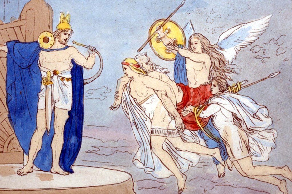 An illustration of valkyries encountering the god Heimdallr as they carry a dead man to Valhalla (1906) by Lorenz Frølich