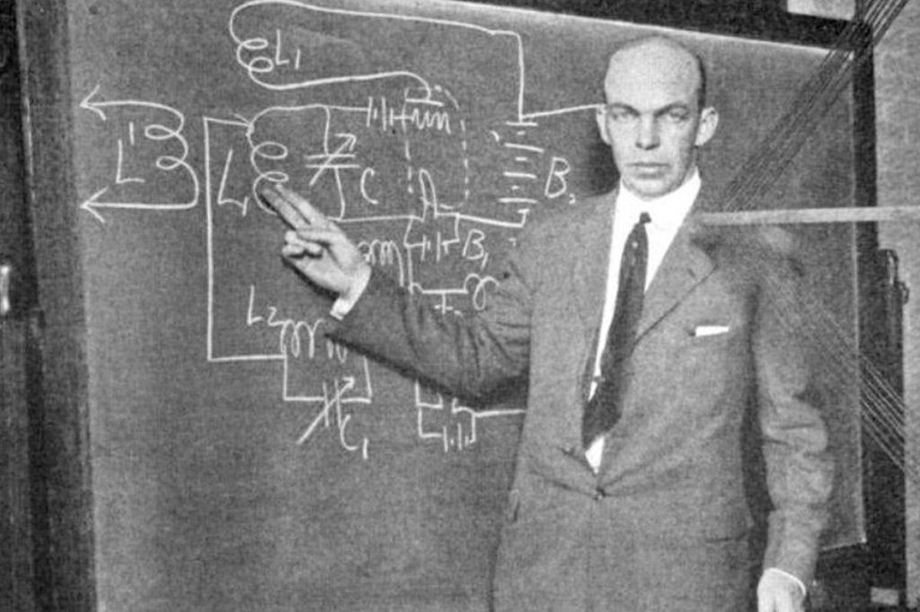 American electrical engineer and inventor Edwin H. Armstrong in 1922. Armstrong is one of the most prolific inventors in the history of radio. He invented the regenerative circuit (vacuum tube feedback oscillator), the superregenerative receiver, the superheterodyne receiver, and frequency modulation (FM) radio transmission. This was probably taken at the June 28, 1922 meeting of the Radio Club of America in room 306, Havemeyer Hall, Columbia University, New York, at which Armstrong demonstrated the superregenerative receiver.