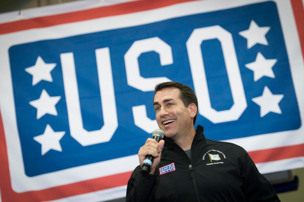 Comedian Rob Riggle performs at a USO show at Incirlik, Turkey, Dec. 8, 2014. (DOD photo by D. Myles Cullen/Released)