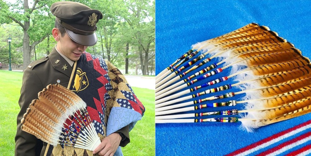 2nd Lt. Daniel Alvarado, received some very special gifts during his commissioning ceremony in May 2021. Daniel is part of the Winnebago Tribe of Nebraska, formally known as Ho-Chunk. His Native American name is Hiragija Wani’uga, which means “He Who Shields Them.” In the Native tradition, feathers are awarded for doing something exceptional, so for his family and him, that was being accepted into #WestPoint. The feathers chosen are Red-tailed Hawk tail feathers, which are considered sacred. For graduating, Daniel’s mother had his feathers made into a prayer fan, which he can use to pray by burning their tribe’s tobacco or sage, and fanning it onto himself or onto whatever he is praying for. (Source: @westpoint_usma on Instagram)