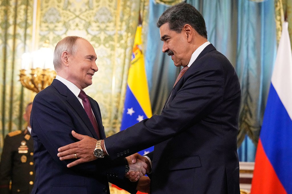 RUSSIA-VENEZUELA-DIPLOMACY Russian President Vladimir Putin meets with Venezuelan President Nicolas Maduro at the Kremlin in Moscow on May 7, 2025. (Photo by Alexander Zemlianichenko / POOL / AFP) (Photo by ALEXANDER ZEMLIANICHENKO/POOL/AFP via Getty Images)