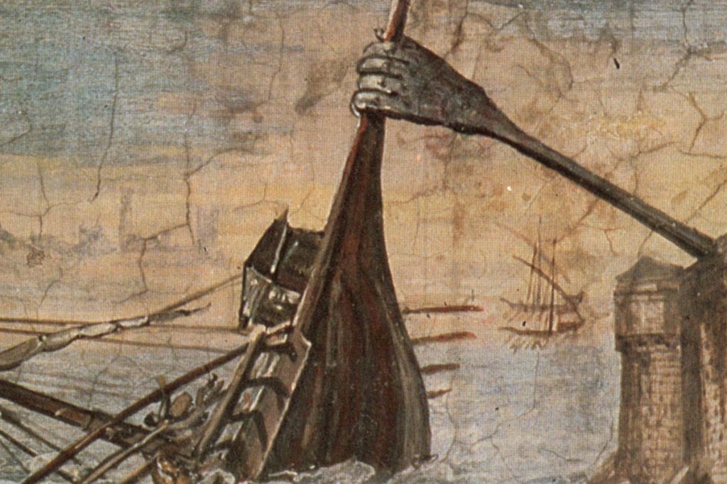 Detail of a wall painting of the Claw of Archimedes sinking a ship.