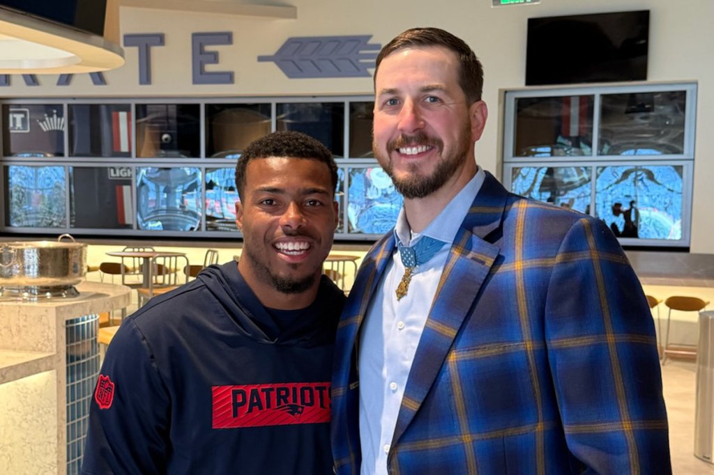 New England Patriots cornerback Marcus Jones with Medal of Honor recipient Ryan Pitts. (CMOHS)