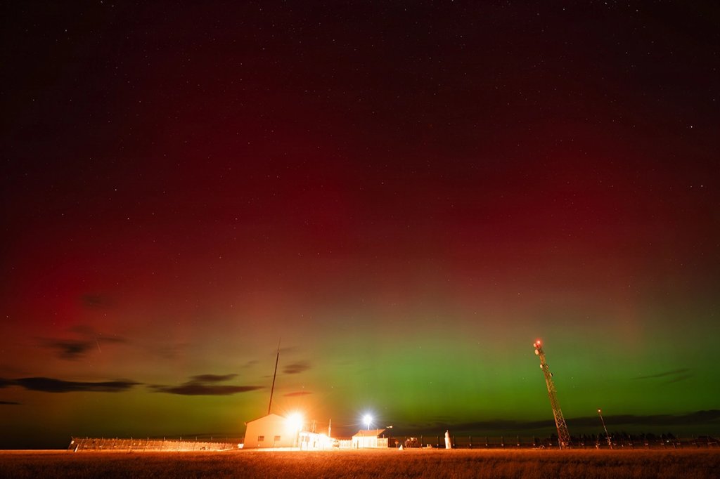 The aurora borealis appears in the night sky over the 319th Missile Squadron’s Missile Alert Facility A-01 near Albin, Wyoming, Nov. 11, 2025. One of the three currently active missile squadrons assigned to the 90th Missile Wing, the 319 MS maintains Minuteman III ICBM operations around the clock, ensuring uninterrupted security in support of the wing’s operational readiness. (U.S. Air Force photo by Staff Sgt. Michael A. Richmond)