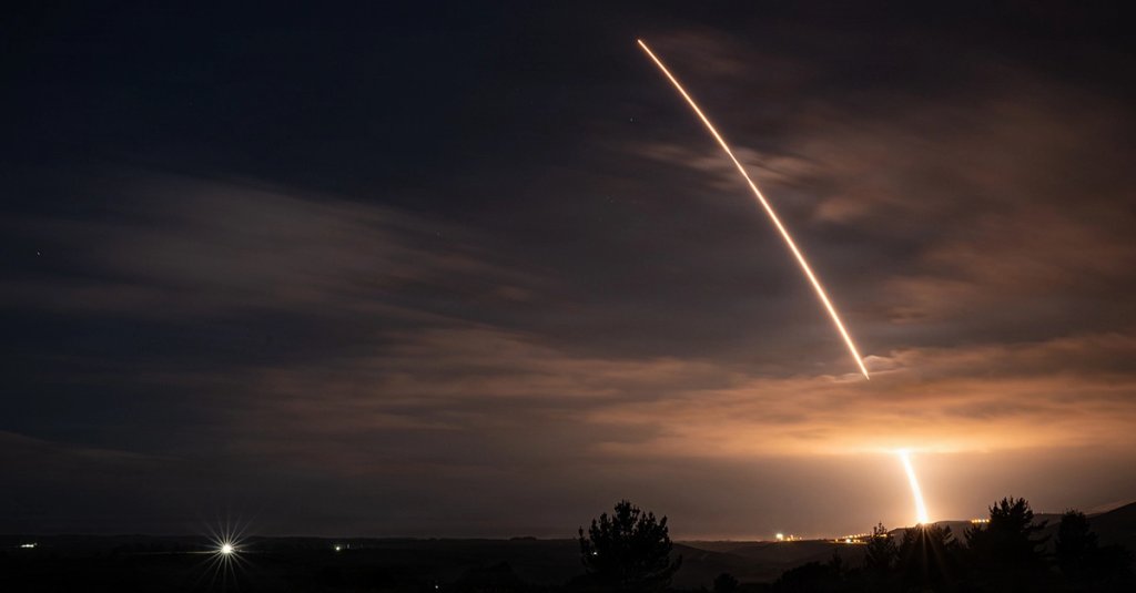 An unarmed Minuteman III Intercontinental Ballistic Missile launches during an operational test at 01:35 a.m Pacific Time Nov. 5, 2025, at Vandenberg Space Force Base, Calif. ICBM systems require regular testing to verify system performance and identify any potential issues. Data gathered from Glory Trip 254 helps to identify and mitigate potential risks, ensuring the continued accuracy and reliability of the ICBM force.(U.S. Space Force photo by Tech. Sgt. Draeke Layman)