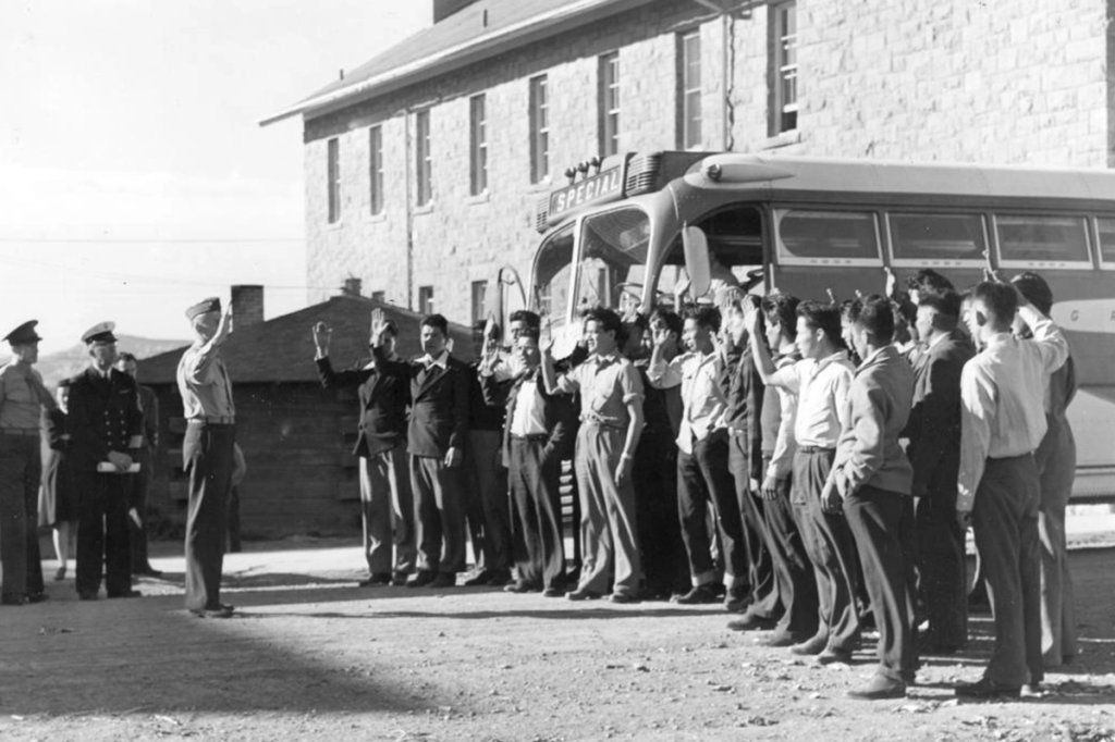Photograph of first 29 Navajo U.S. Marine Corps Code-Talker Recruits being Sworn in at Fort Wingate, NM, dated 1942. National Archives