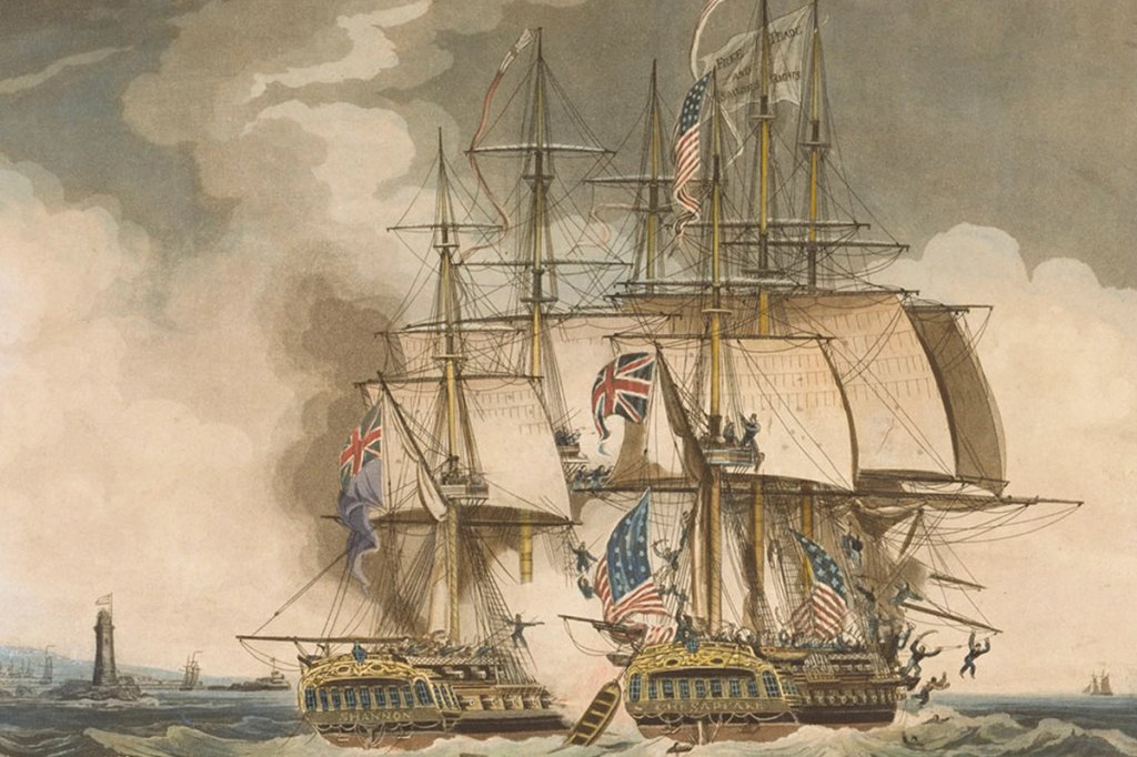The U.S. frigate Chesapeake captured by HMS Shannon off Boston in fifteen minutes on June 1, 1813.