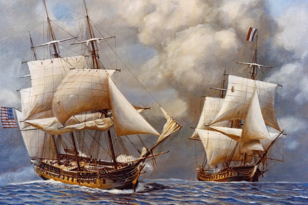 Scene depicting the action of 9 February 1799, when the USS Constellation (left), commanded by Captain Thomas Truxtun, captured the French frigate L'Insurgente (right).
