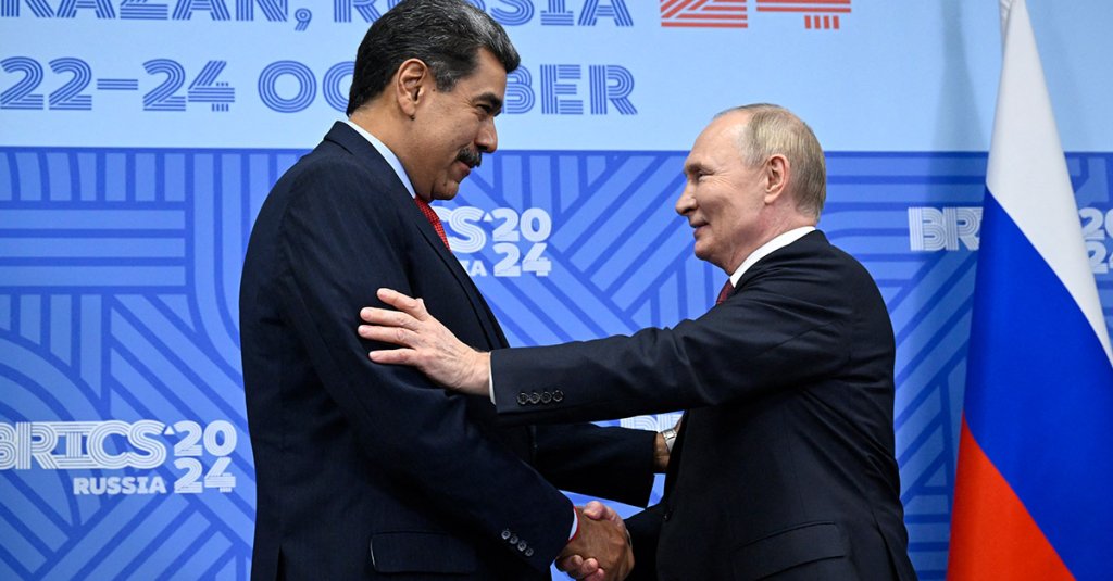 RUSSIA-BRICS-DIPLOMACY Russia's President Vladimir Putin meets with Venezuela's President Nicolas Maduro on the sidelines of the BRICS summit in Kazan on October 23, 2024. (Photo by Alexander NEMENOV / POOL / AFP) (Photo by ALEXANDER NEMENOV/POOL/AFP via Getty Images)