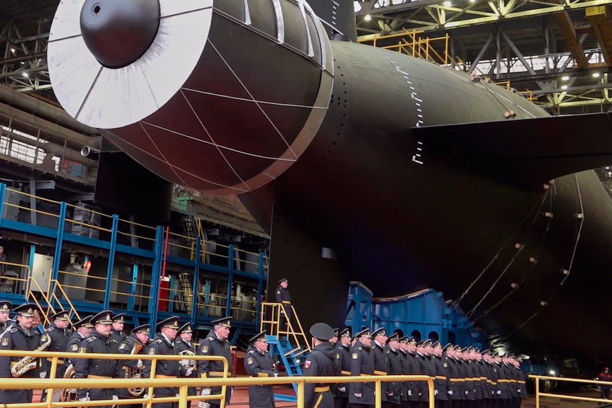 The "Khabarovsk" nuclear submarine is seen during launches at the Sevmash shipyard in Severodvindk, Russia, on Nov. 1, 2025. (Russian Defense Ministry Press)
