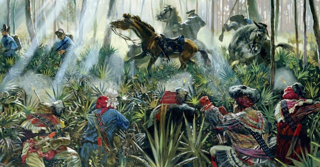 Seminoles ambush Maj. Francis Dade’s 110-man column during its march from Fort Brooke to Fort King in 1835. The news of the Dade Massacre sparked the U.S. government's retaliation against the Seminoles. (Ken Hughes)