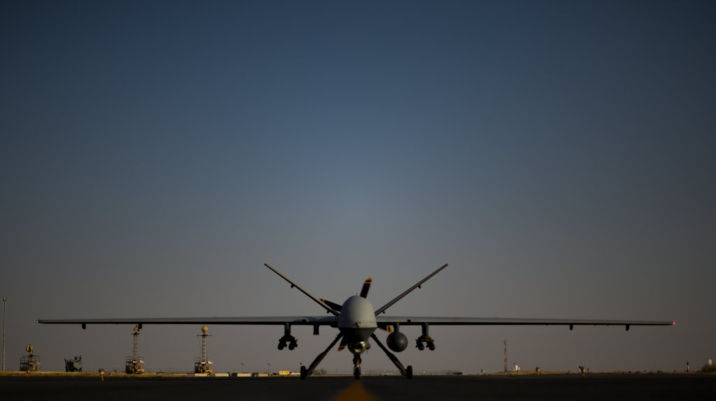 An MQ-9 Reaper taxis on the flightline prior to take off on Ali Al Salem Air Base, Kuwait, June 10, 2020. Airmen from the 386th Expeditionary Aircraft Maintenance Squadron, other known as ‘White AMU,’ maintain, prepare and recover the MQ-9’s before and after every launch ensuring optimal mission success. (U.S. Air Force photo by Senior Airman Kevin Tanenbaum)