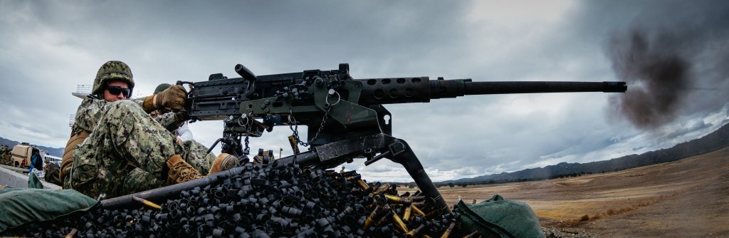 Ma Deuce: A Seabee with Naval Mobile Construction Battalion (NMCB) 3, shoots an M2 .50-caliber machine gun during crew-served weapons training at Fort Hunter Liggett, California, Oct. 29, 2025. The training enhances combat effectiveness and reinforces the battalion’s expeditionary readiness. NMCB-3 is homeported in Port Hueneme, California, and consistently trains on high-quality construction, expeditionary logistics, and combat operations to support the U.S. and partner nations. (U.S. Navy photo by Mass Communication Specialist 2nd Class August Clawson)