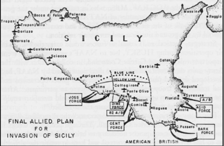 Invasion Plan for the 1943 assault of Sicily. The Seventh US Army under Lieutenant General Patton was to protect Britain's Eighth Army's left flank as it drove up the eastern coast of the island. US infantry divisions were organized into three separate task forces, “JOSS,” “DIME,” and “CENT,” with each having its own amphibious objective. (US Army Air Forces)
