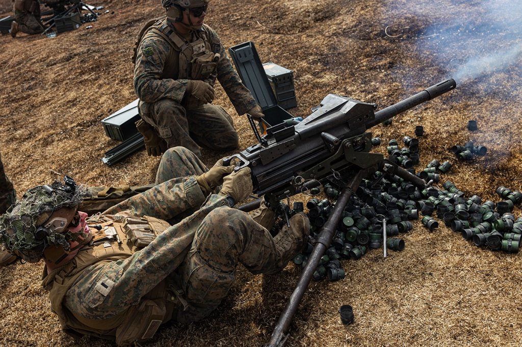 U.S. Marine Corps 1st Lt. Anthony Crisafi fires a Mk19 grenade launcher during Artillery Relocation Training Program 24.4 at Hijudai Maneuver Area, Oita, Japan, March 7, 2025. ARTP is an annual training exercise held to strengthen the defense of Japan and the U.S. Japan Alliances as the cornerstone of peace and security in the Indo-Pacific region. The skills developed at ARTP increase the proficiency and readiness of the only permanently forward-deployed artillery unit in the Marine Corps, enabling them to provide indirect fires. Crisafi, a native of Ohio is a field artillery officer with 3d Battalion, 12th Marines, 3d Marine Division. (U.S. Marine Corps photo by Cpl. Shayla Kuhn)