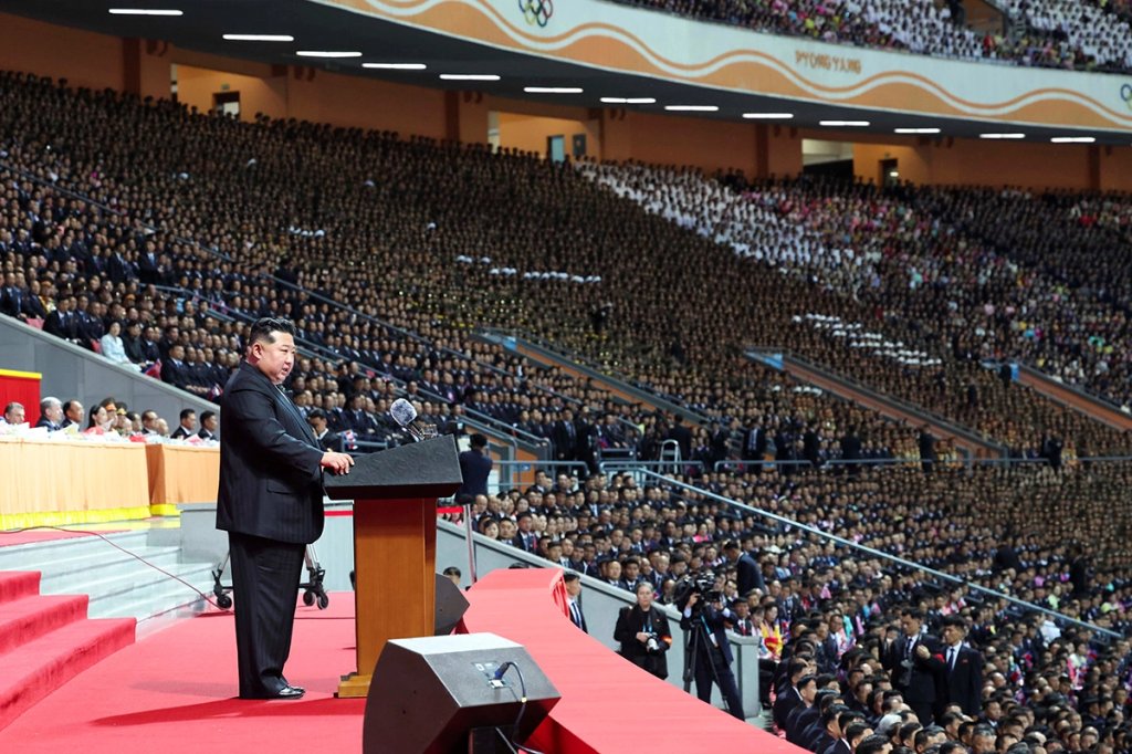 Kim Jong Un, general secretary of the Workers' Party of Korea WPK and president of the State Affairs of the Democratic People's Republic of Korea DPRK, delivers a speech at a grand commemorative meeting to celebrate the 80th founding anniversary of the WPK, at the May Day Stadium in Pyongyang, the DPRK, Oct. 9, 2025. The DPRK on Thursday held a grand commemorative meeting here to celebrate the 80th founding anniversary of the WPK, the official Korean Central News Agency KCNA reported Friday. (Photo by Huang Jingwen/Xinhua via Getty Images)