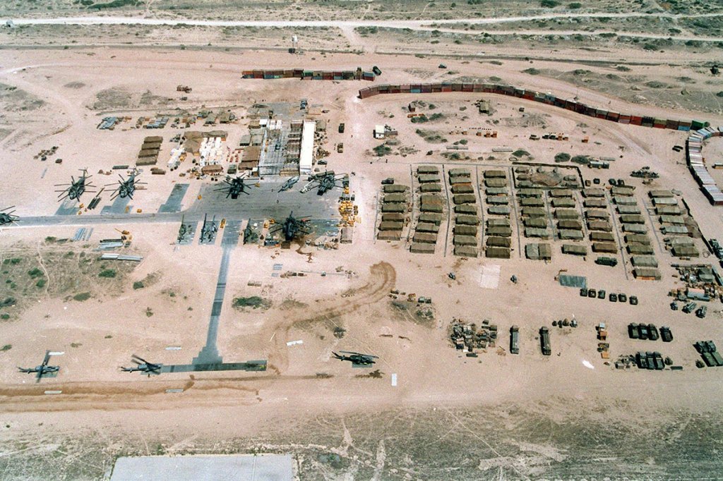 Base of operation restore hope's U.N. mostly U.S. Marine Forces in Somalia was built on an abandoned Soviet airfield in Mogadishu. Had a wall of shipping containers upper right to thwart random sniper fire. Feb. 25 1993. (Everett Collection)