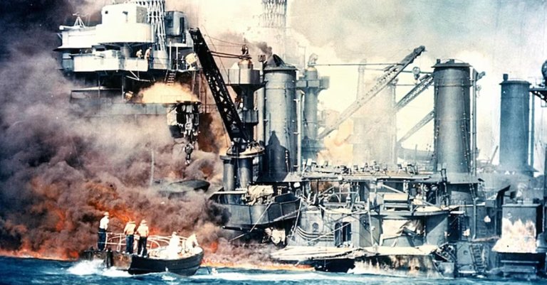 football The USS West Virginia burning after the Japanese attack on Pearl Harbor, Hawaii on Dec. 7, 1941. (National Archives)