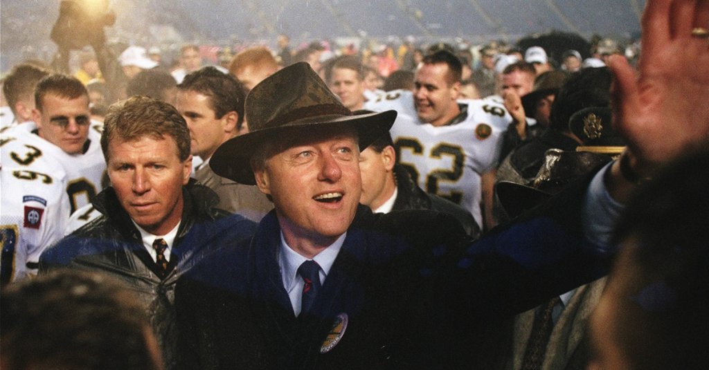 President Bill Clinton looks on during a game between the Army Cadets and the Navy Midshipmen at Veterans Stadium in Philadelphia, Pennsylvania. Army won the game, 28-24. Mandatory Credit: Rick Stewart /Allsport