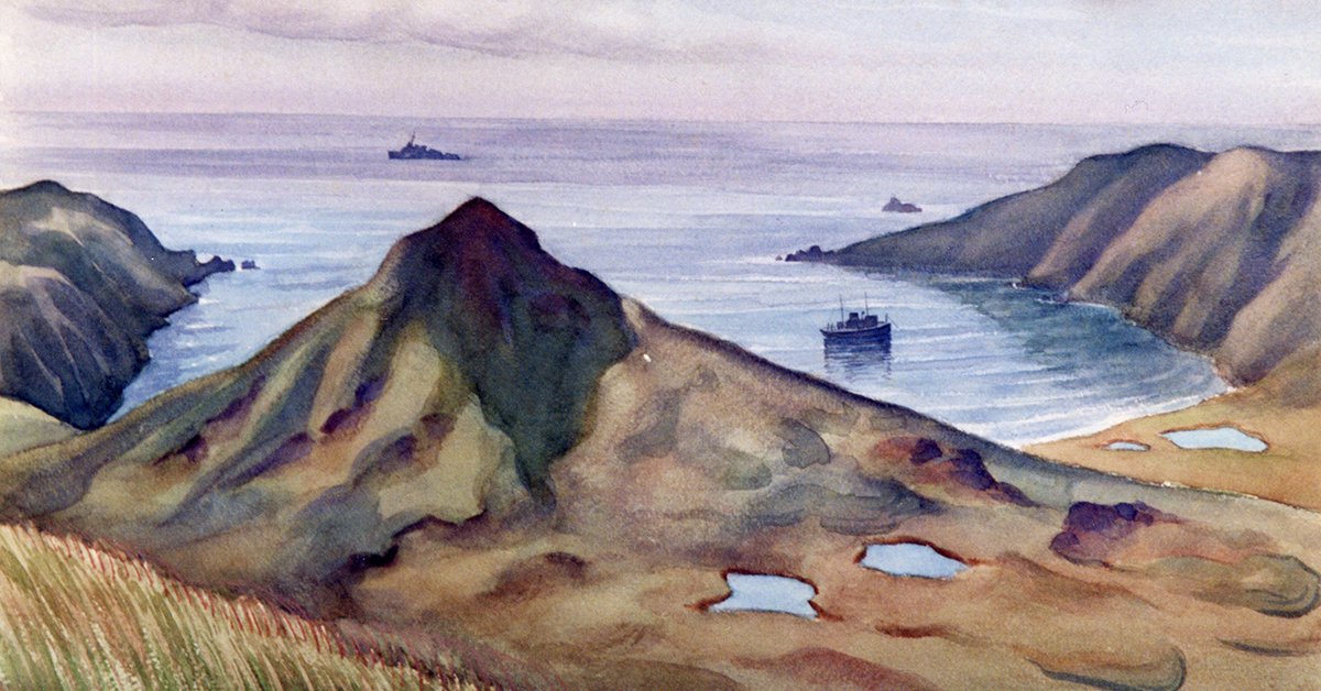 Warship patrols the Aleutian Islands during World War II.